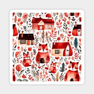 Red houses red village red animals Magnet