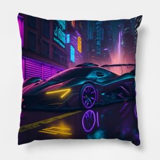 Dark Neon Sports Car in Japanese Neon City Pillow