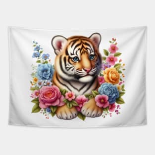 A baby tiger decorated with beautiful colorful flowers. Tapestry