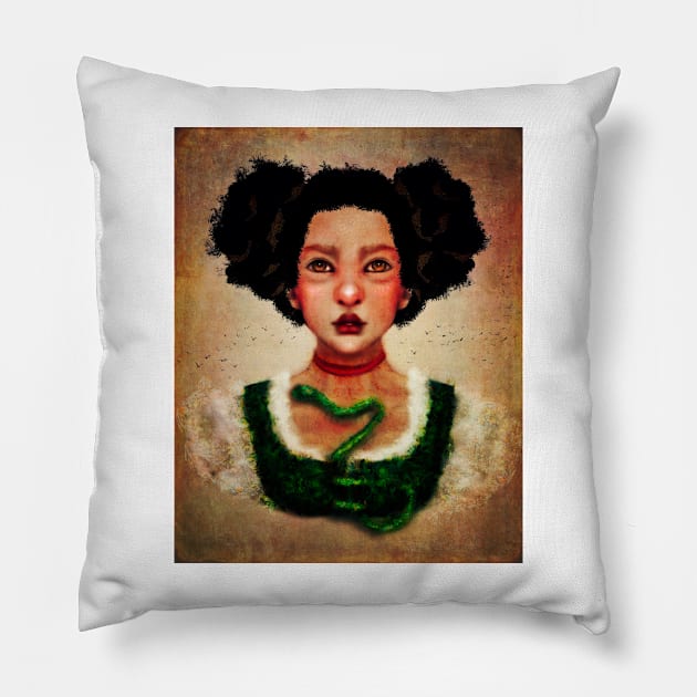Gothic Witch Girl With Natural Hair and Emerald Green Snake Manga Style Digital Art Lilith Pillow by penandbea