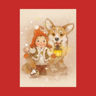 Gnome and corgi. Merry christmas. T-Shirt