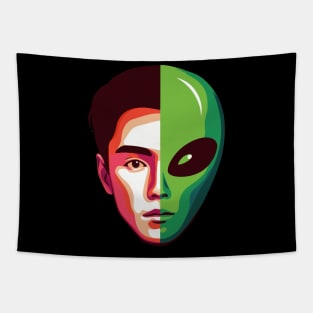 Half alien half human. Invasion. Alien man face. Tapestry