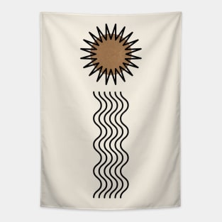 Golden sun and water minimal black line art on cream parchment Tapestry