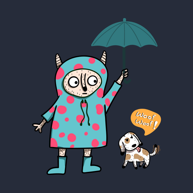 cute-looking monster is holding an umbrella for the dog in the outdoor while heavy rain by Saudung