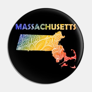 Colorful mandala art map of Massachusetts with text in blue, yellow, and red Pin