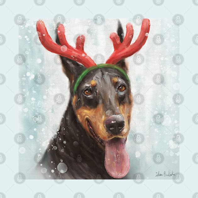 Painting of a Doberman with a Reindeer Headpiece Costume by ibadishi