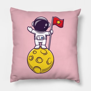 Astronaut Holding Flag On Moon Cartoon Pillow