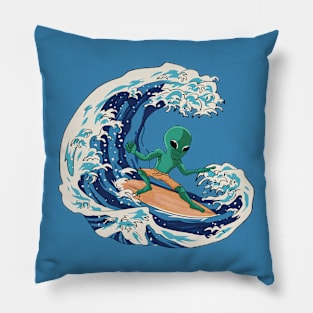 Martian Alien Surfing on a Great Wave // Funny Japanese Style Illustration Pillow