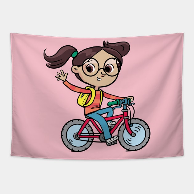 cheerful girl rides a bicycle and waves Tapestry by duxpavlic