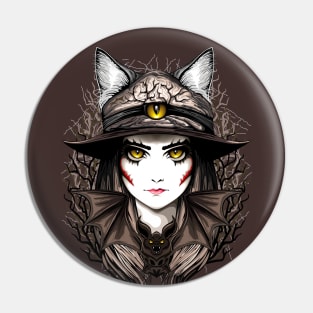 Witch Cat Halloween Creepy Cute Portrait Pin