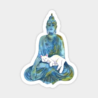 Blue Watercolor Buddha Statue with Sleeping White Cat Magnet