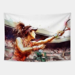 Artistic illustration of a woman playing tennis left handed Tapestry