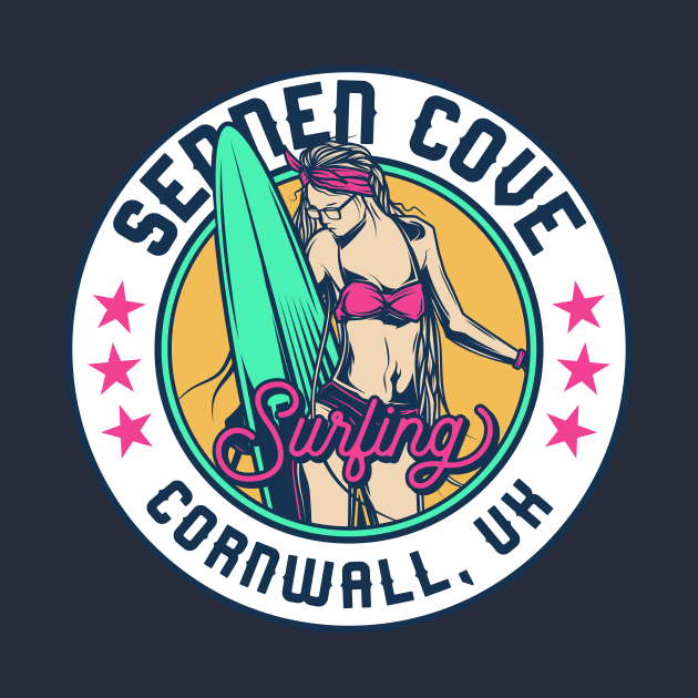 Retro Surfer Babe Badge Sennen Cove Cornwall UK by Now Boarding