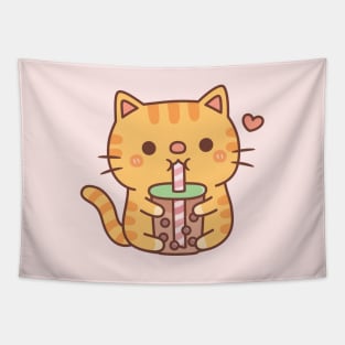 Cute Orange Tabby Cat Loves Drinking Bubble Tea Tapestry