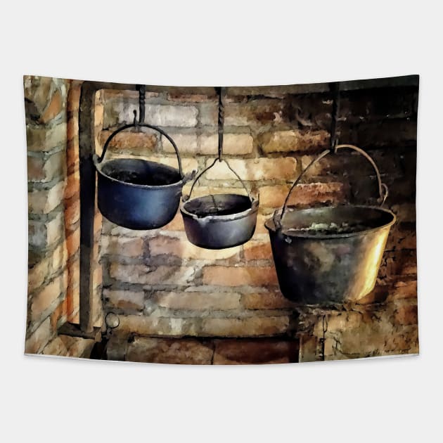 Cooking - Three Pots in Colonial Kitchen Tapestry by SusanSavad