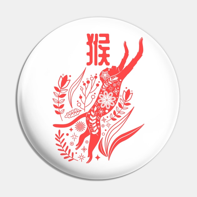 Monkey - Asian Japanese Zodiac Sign - Ape Kanji Chinese Astrology Pin by Millusti