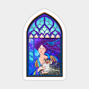 Fairy with owl in gothic window. Magnet