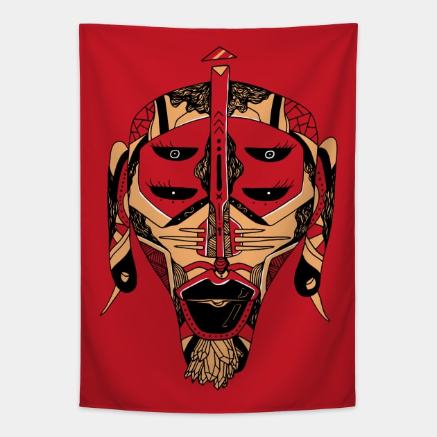 Red and Cream African Mask No 11 Tapestry by kenallouis