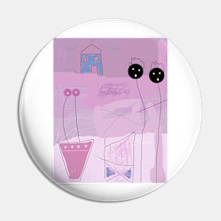 Kids and Blue House Stick Figure Pin