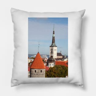 View from Toompea of the Lower Town, Old Town with Olai's Church or Oleviste Kirik, and a tower of the city wall, Tallinn, Estonia, Europe Pillow