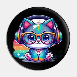 Cute Colorful Cat with glasses and headphone Pin