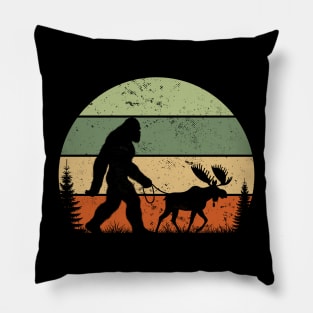 Vintage Bigfoot Walking a Moose Retro Sunset Outdoor Pillow