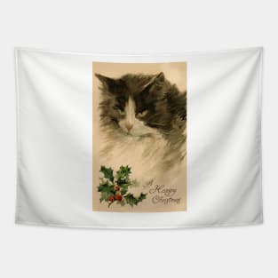 Beautiful cat with Holly wishing a happy Christmas Tapestry