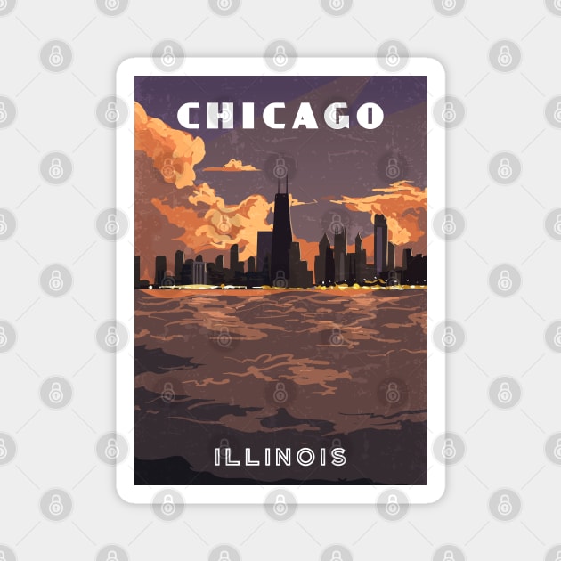 Chicago, Illinois, USA. Sunset.Retro travel poster Magnet by GreekTavern