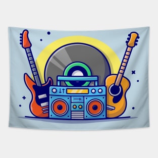 Music Instrument Concert Perform with Guitar, Boombox and Big Vinyl Music Cartoon Vector Icon Illustration Tapestry