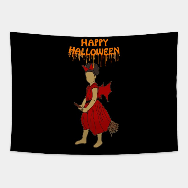 Happy Halloween witch on broom - orange Tapestry by DigillusionStudio