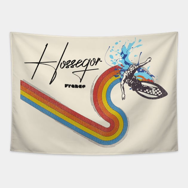Retro 70s/80s Style Rainbow Surfing Wave France Tapestry by darklordpug