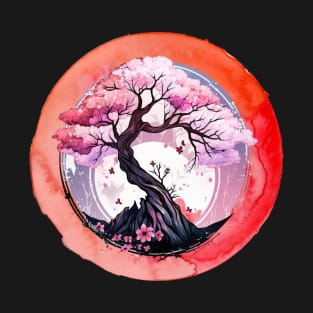 Japanese Orange Pink Cherry Blossom Art T-Shirt