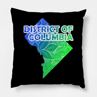 Colorful mandala art map of District of Columbia with text in blue and green Pillow