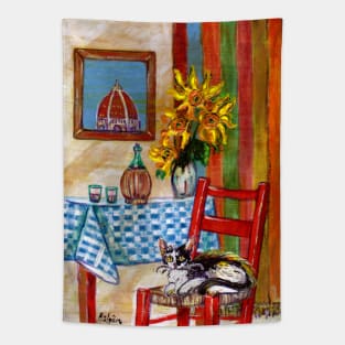 RUSTIC ITALIAN KITCHEN IN FLORENCE Cat,Sunflowers and Wine Tapestry