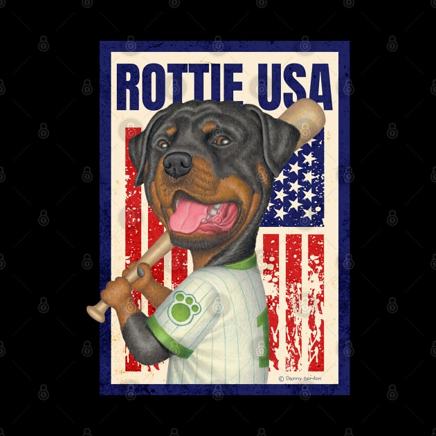 Rottie red white blue pastime Rottweiler Holding Baseball Bat USA by Danny Gordon Art