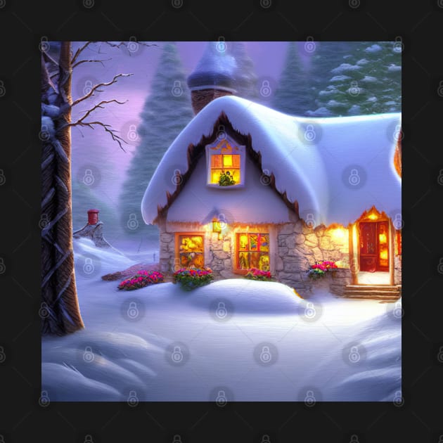 Magical Fantasy Cottage with Lights In A Snowy Scene, Scenery Nature by Promen Art