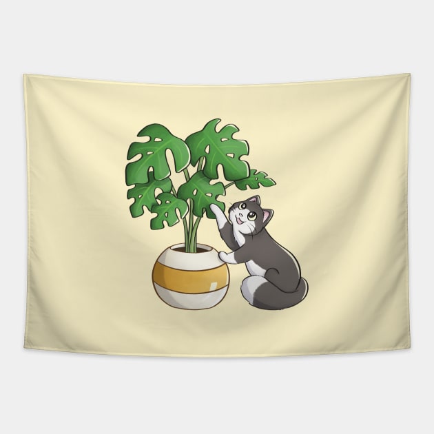 Cat Playing With Monstera Leaf Tapestry by Meowrye