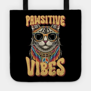 Pawsitive Vibes, Retro Groovy Style Hippie Cat Lover Design Tote