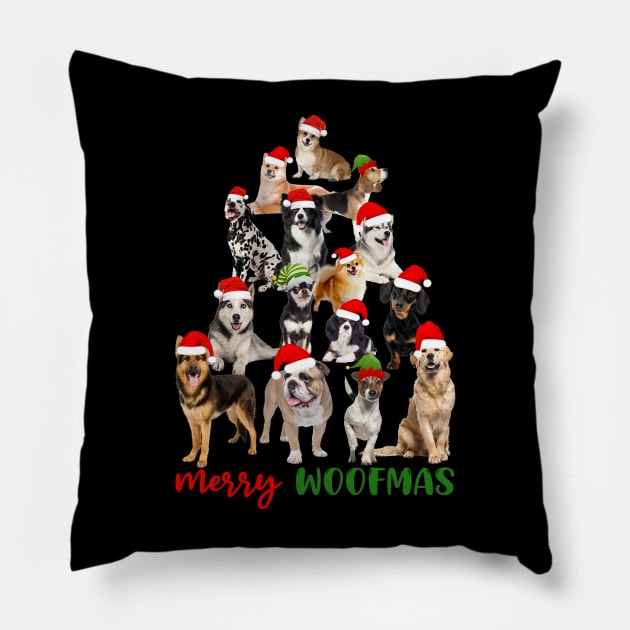 Funny Merry Woofmas Christmas Dog Tree Pillow by Magazine