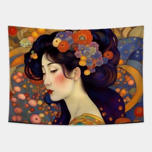 Beautiful Asian Art Nouveau Woman with Flowers Tapestry