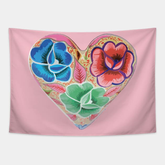 Mexican embroidery heart tehuana flowers pastel colors mexican market Tapestry by T-Mex