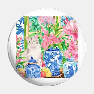 Cat in chinoiserie interior with ginger jars and flowers Pin