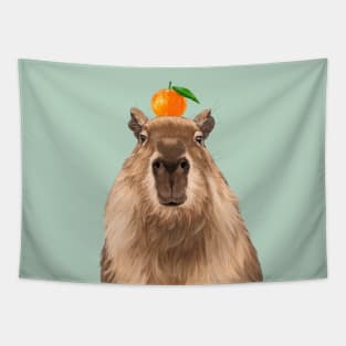 Capybara with Mandarin Orange on Head Tapestry