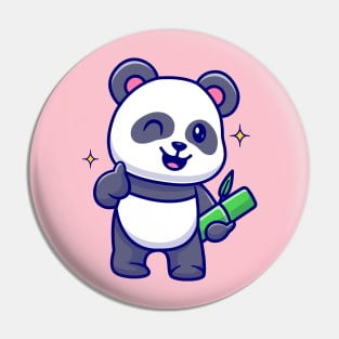 Cute Panda Holding Bamboo With Thumb Up Cartoon Pin