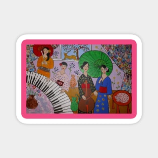 Japanese Geisha Women, A Piano, Cello and Colourful Cats Magnet