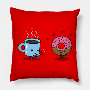 Funny Kawaii Coffee and Donut Lovers Relationship Cartoon Pillow