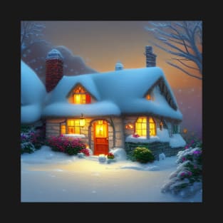 Magical Fantasy Cottage with Lights In A Snowy Scene, Scenery Nature T-Shirt