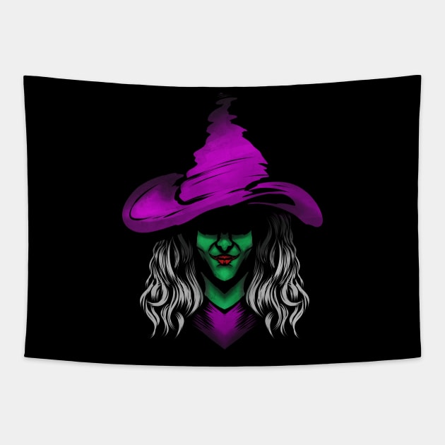 Evil Witch With Green Skin And Purple Hat For Halloween Tapestry by SinBle