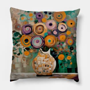 Pastel Blossoms in a Geometric Vase After Klimt Pillow