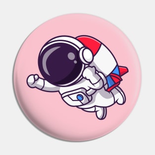 Cute Astronaut Flying With Rocket Cartoon Pin